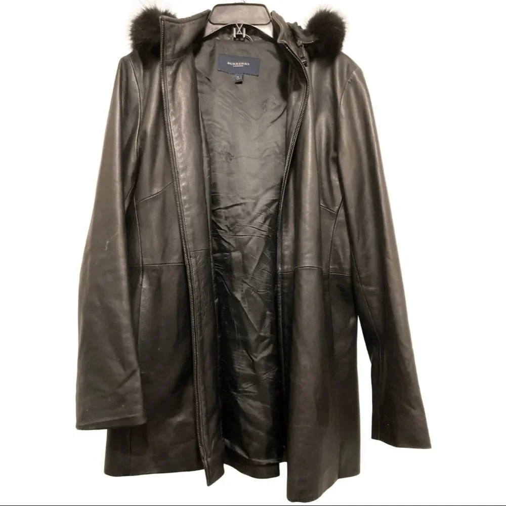 Burberry London Black Leather Bomber with Fur Hood